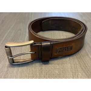 Fossil Mens Brown Genuine Leather Belt Size 40 Silver Buckle Distressed Casual